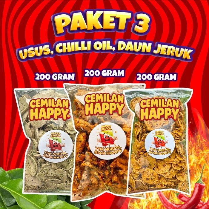 

FF Paket HEMAT 3pcs 200Gram Bundling Usus Chili Oil + Basreng Chili Oil + Basreng Daun Jeruk Cemilan Happy Camilan Snack Keripik Koin asin gurih renyah