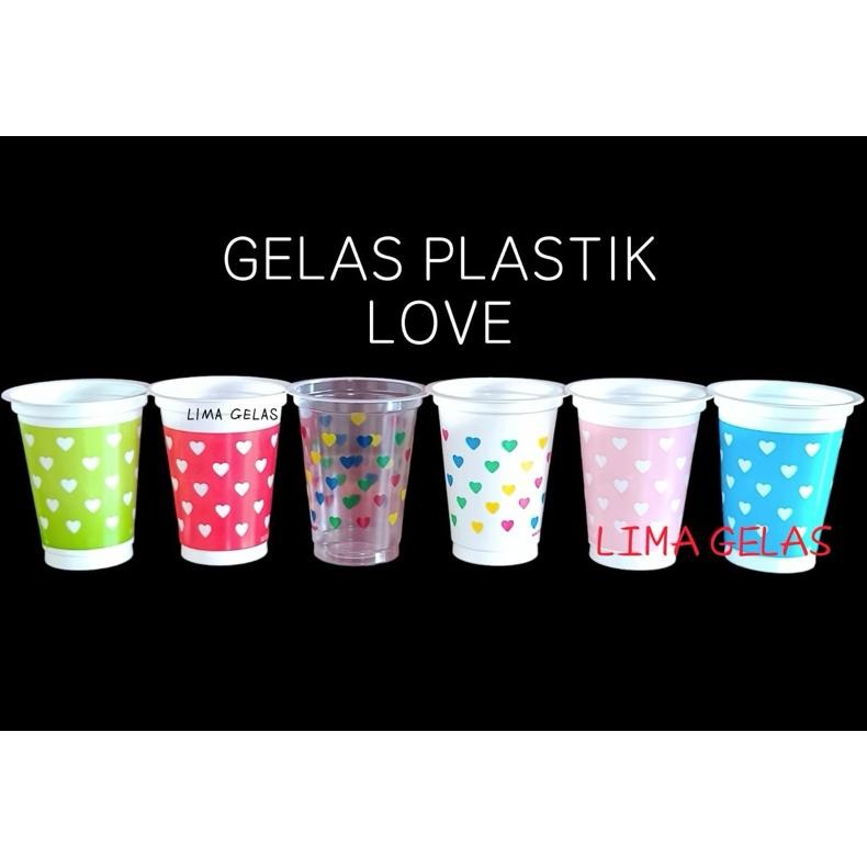 Bisa Cod Gelas Plastik 220Ml Love/Gelas Plastik Love Warna/Gelas Love Isi 50 Pcs ||