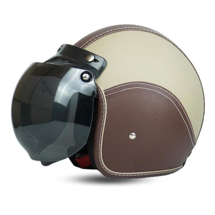 Helm Bogo Retro Kulit Full Leher Dewasa SNI Kaca Datar Coklat Motorcycle Helmet