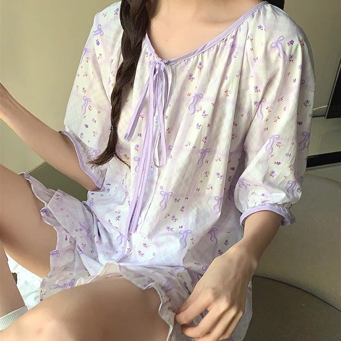 Lazy night Piyama Renda Bunga Manis Untuk Wanita Setelan Lengan Pendek Baru Pakaian Rumah Import