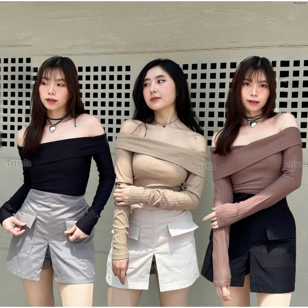PS Sabrina Rib Top | One Shoulder Wanita Blouse Atasan Wanita Lengan Panjang - Blus Wanita Baju Pere