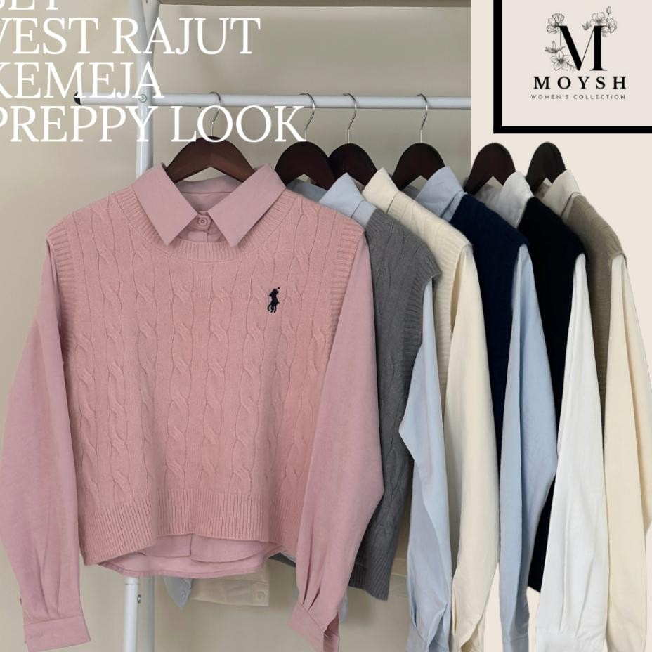 Moysh Set Vest Rajut Kemeja Polos Baju Perempuan Is Atasan Cute Gaya Korean Preppy