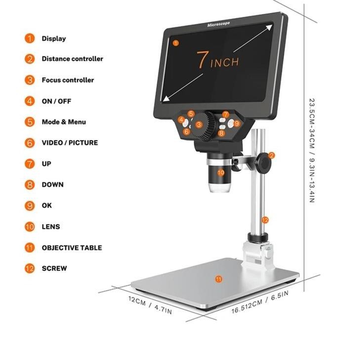 1200X 12Mp Digital 7 Inch Hd Video Microscope Electronic Video Microscop Kaca Pembesar Elektronik Us