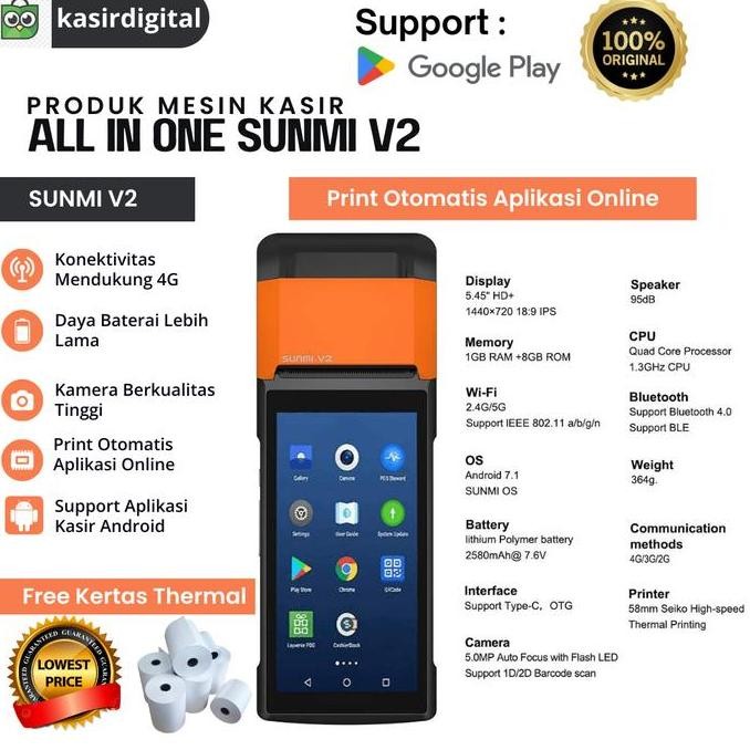Premium Mesin Kasir Sunmi MPOS Android Portable V2 4G 1/8GB Second