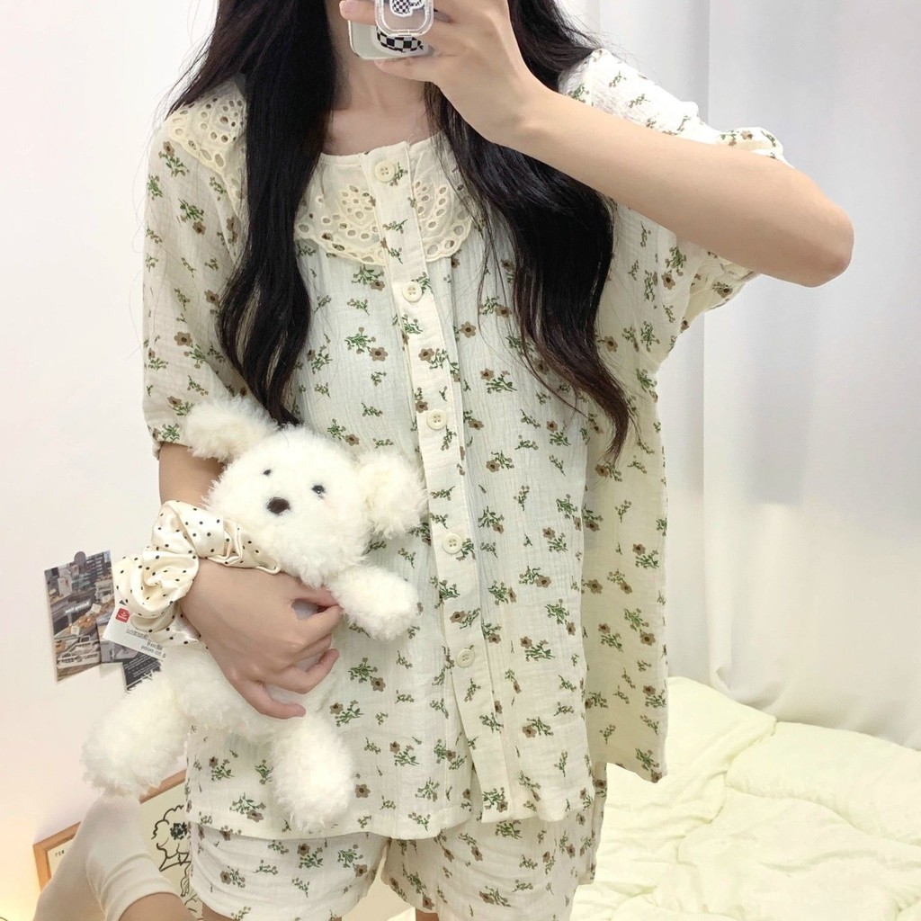 Lazy nihgt Set Piyama Bunga Manis Gaya Korea Celana Pendek Lengan Pendek Pakaian Rumah Renda Import
