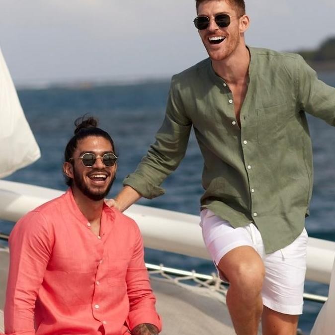 REMEDY Kemeja Linen Pria Lengan Panjang Casual Warna Hijau Kerah Koko Shanghai - Lona Linen Shirt