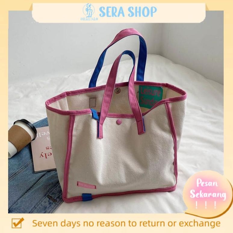 Ready fashion tas canvas besar tas ungu tas korea tas warnaSera bag tas kanvas kontras warna musim p