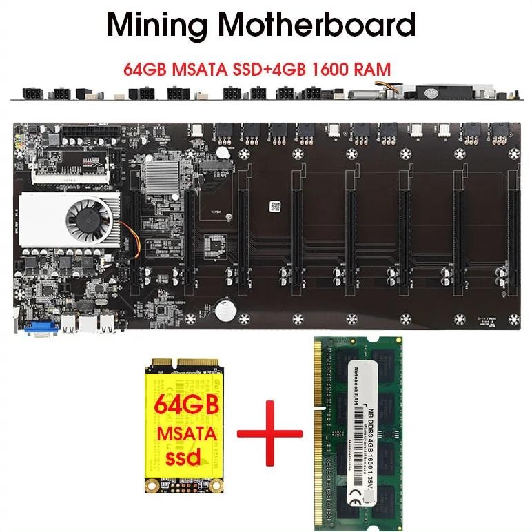 Btc-T37 Mining Motherboard 8 Gpu Bitcoin Crypto Etherum Mining  With 64Gb Msata Ssd  Ddr3 4Gb 1600Mh