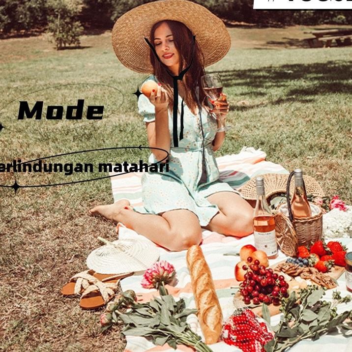 Topi Pantai Wanita Dengan Tali Hitam Panjang Lebar Tepian Topi Antiuv Fashionable