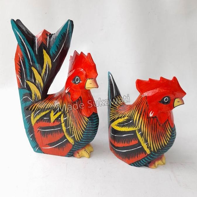 *#*#*#] Patung sepasang ayam jantan betina Jongkok kerajinan ukiran kayu lukis Bali