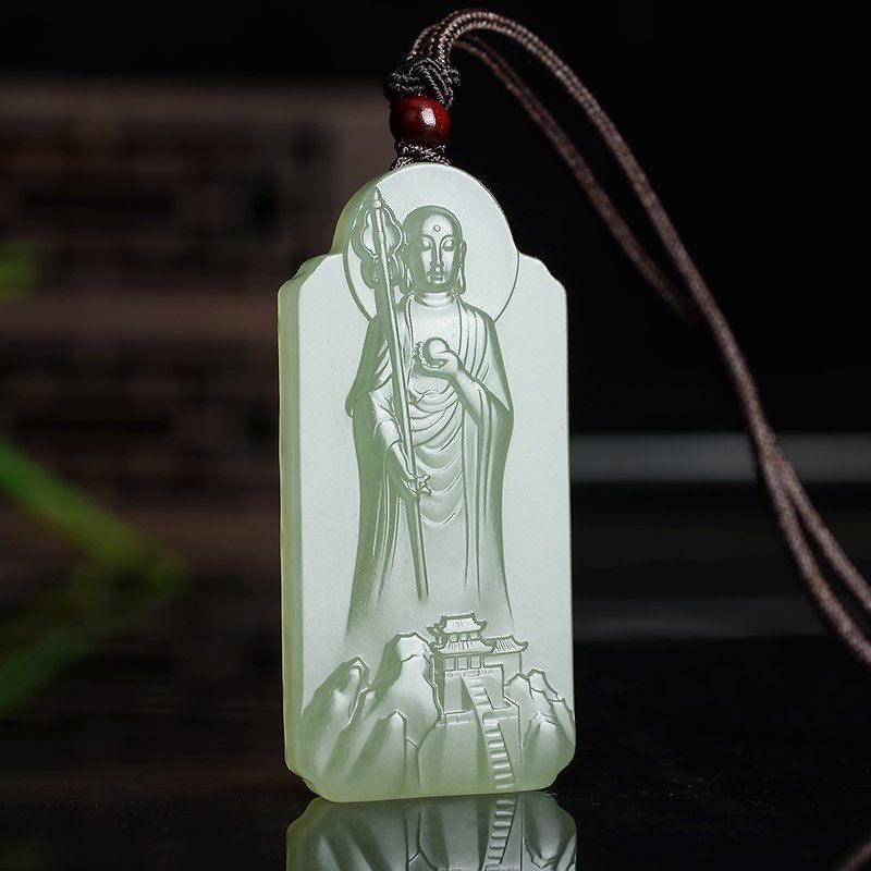 Liontin Hijau Hetian Xinjiang Bodhisattva Ksitigarbha Liontin Giok Keberuntungan Unisex
