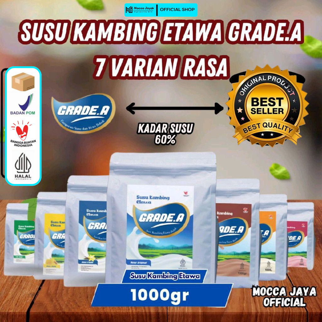 

SUSU KAMBING ETAWA BUBUK PREMIUM GRADE.A UNTUK TULANG DAN SALURAN PERNAFASAN 1KG/1000GR 7 VARIAN RASA