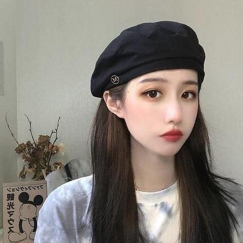 DE7 - Topi Baret Korean Style Wanita M Gaya Vintage Retro Outfit Coklat Hitam Biru Kasual Fashion Pe