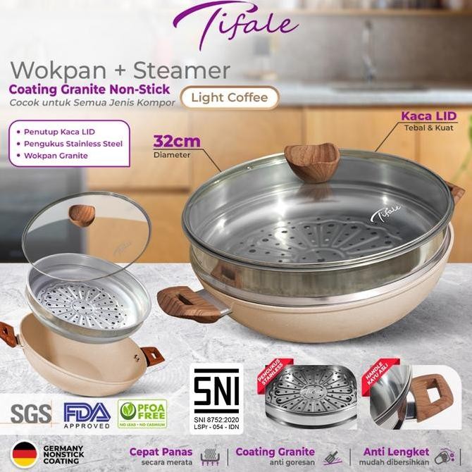 PROMO DISKON - [NABUNG JULY] [LIGHT COFFEE] Tifale [2IN] Wokpan Diameter 2cm+Glass Lid + Granite Ste
