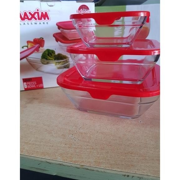 1 Set Mangkok Kaca Tutup Kotak isi 3 Pcs | Mangkok Kaca | Mangkok Sayur | Mangkok Bekal | Mangkok Lu