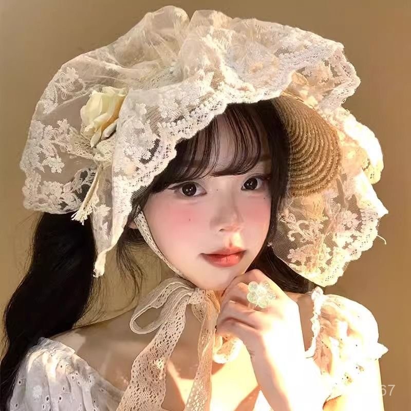Spring Summer Mori Style Lolita Princess Hat Women Woven Lace Straw Hat French Vintage Sun Protectio