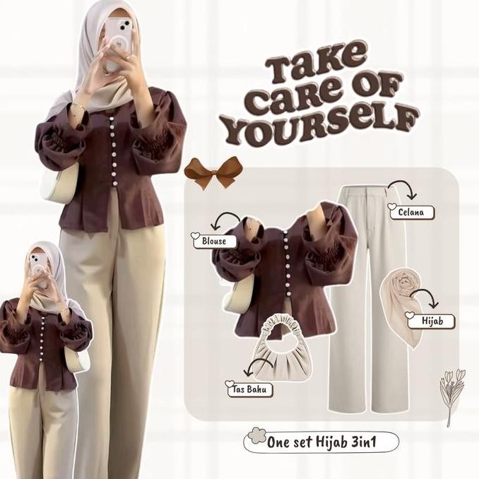 Satu Set Gaya Kasual Di Pantai ( Blouse Cantik + Celana Ivory Hijab Style + Tas Bahu Aesthetic Am92N