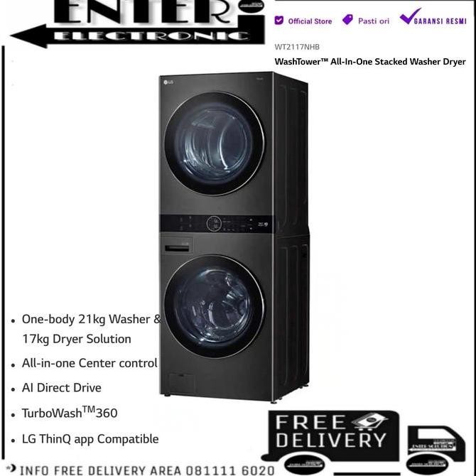 TERLARIS - LG WT2117NHB - MESIN CUCI LG OBJET WASHTOWER WASHER 21KG + DRYER 17KG