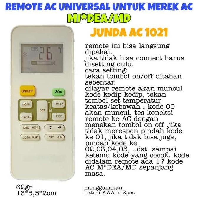 REMOT/REMOTE AC UNIVERSAL JUNDA AC-1021 BISA UNTUK AC MERK MI*DEA/MD