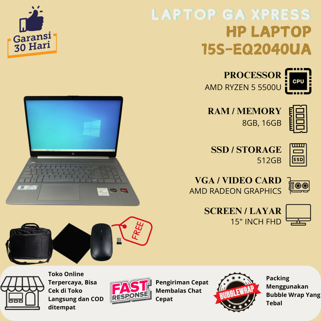 HP Laptop 15s EQ2040UA AMD Ryzen 5 5500U Layar 15 Inch FHD - RAM 8GB SSD 512GB