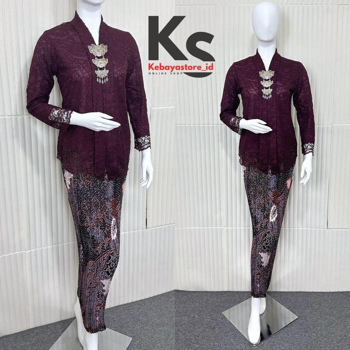 Setelan Kebaya Brokat Burgundy Payet Mewah - Kebaya Modern Dan Elegan 2024 - Baju Dress Atasan Kebay