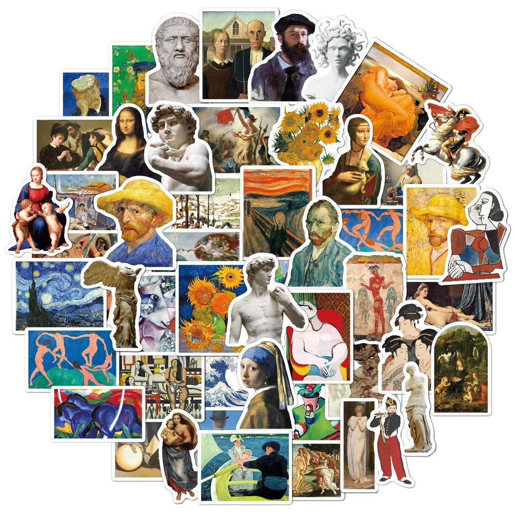 

10/30/50Pcs Oil Painting Art Van Gogh Mona Lisa Cartoon Graffiti Laptop Luggage Hand Account Decoration Stickers Toys Wholesale