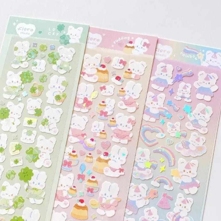 

1Pc Korean Cute Sticker Kawaii Bling Bunny Rainbow Four-Leaf Pudding Sticker Waterproof Hot Silver Sticker For Student Diy Photo