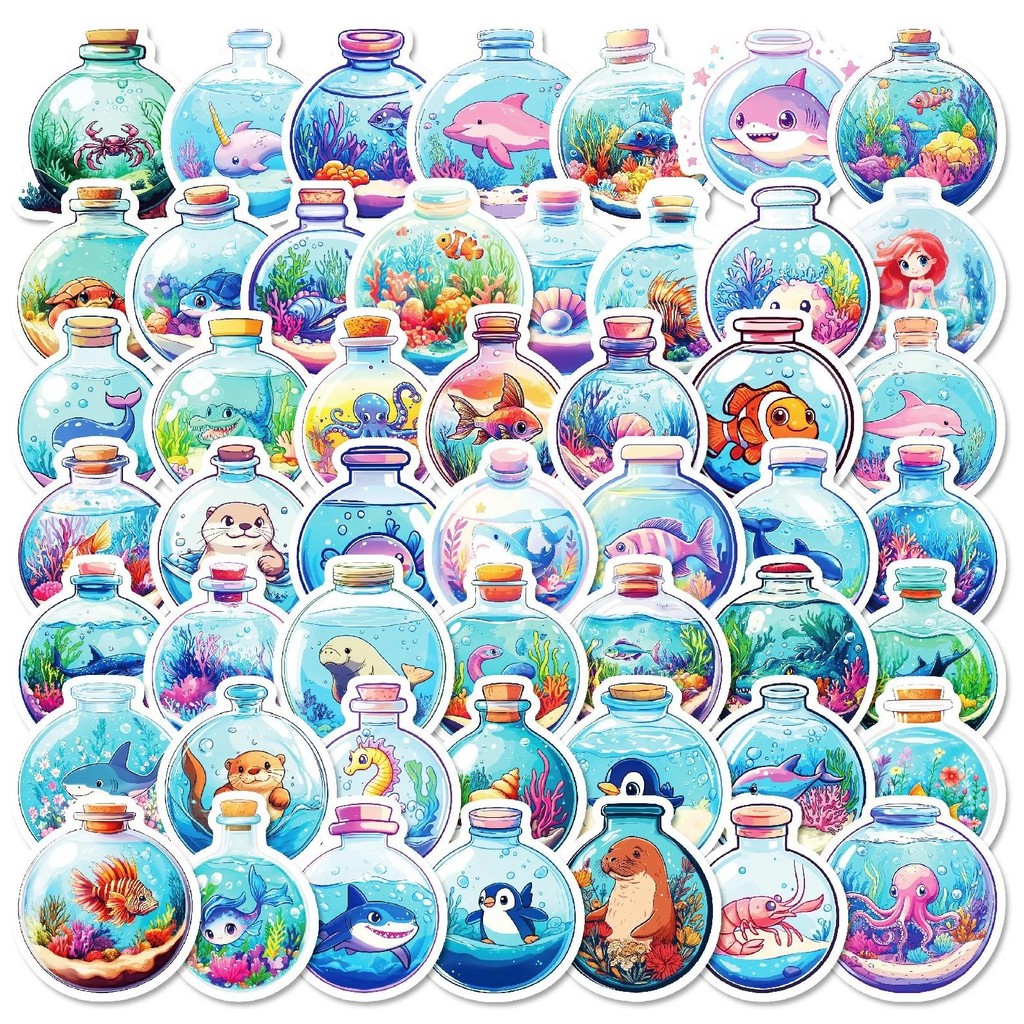 

30/50Pcs Ins Pop Round Bottle Underwater World Creative Sticker Cute Cartoon Marine Animal Stickers For Kids Phone Laptop Guitar