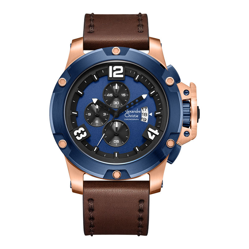 Jam Tangan Pria Alexandre Christie Chronograph AC 6295 MC LURBU Men Blue Dial Brown Leather Strap