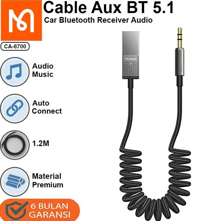 Mcdodo CA 8700 Car USB Bluetooth Receiver Jack Audio 3.5mm Aux Adapter Cable - Kabel Converter Music