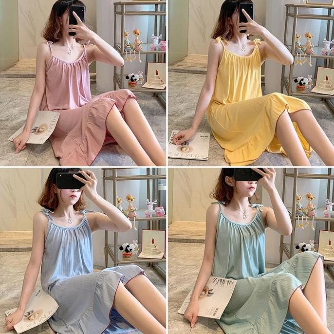 Terbaru Daster Korean Tali Satu Baju Tidur Wanita Dewasa Motif Polos Tanpa Lengan Dress Piyama Ukura