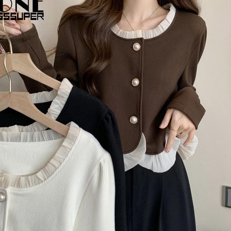 Sweater rajut lengan panjang wanita ala korea kardigan rajutan tambal sulam pendek Atasan kasual lon