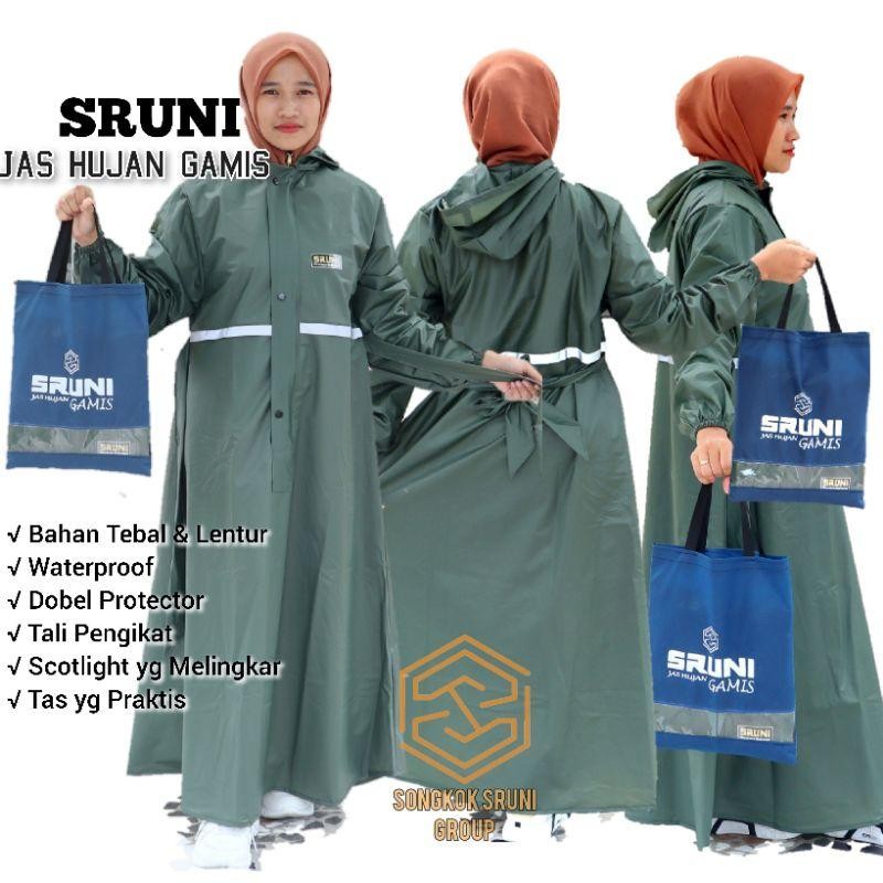 Jas Hujan Gamis Muslimah Syari Sruni Premium Raincoat Bahan Pvc 025 Tebal Elastis Lentur Kuat Terlar