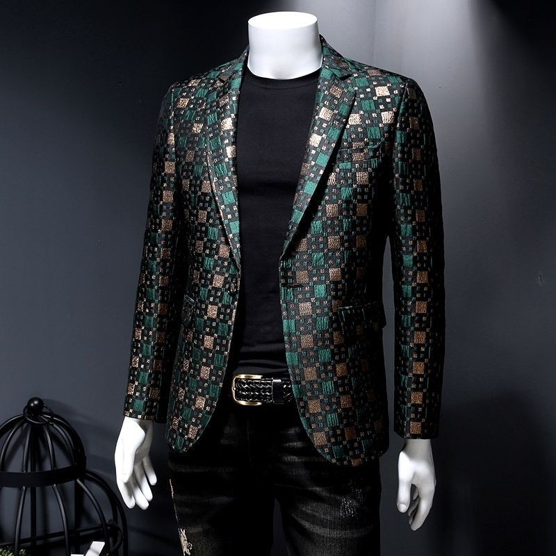 Jas Pria Trendy Kotak-kotak Inggris Remaja Slim Fit Blazer