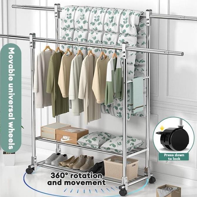 Rak Gantungan Baju Berdiri Stainless Steel Tebal Jemuran Baju Stainless Jemuran Baju Dobel Pool Roda