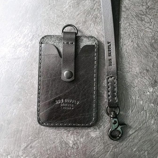 

Caffrey Black Buffalo - Leather Lanyard Id Card Holder , Double Slot Co
