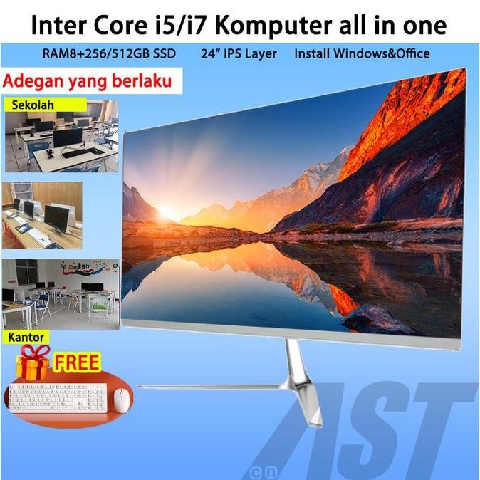 Pc Komputer Gaming All In One  Full Set Baru Core I7 22/24 Inch Ram8+512Gb Ssd Editing Install Windo