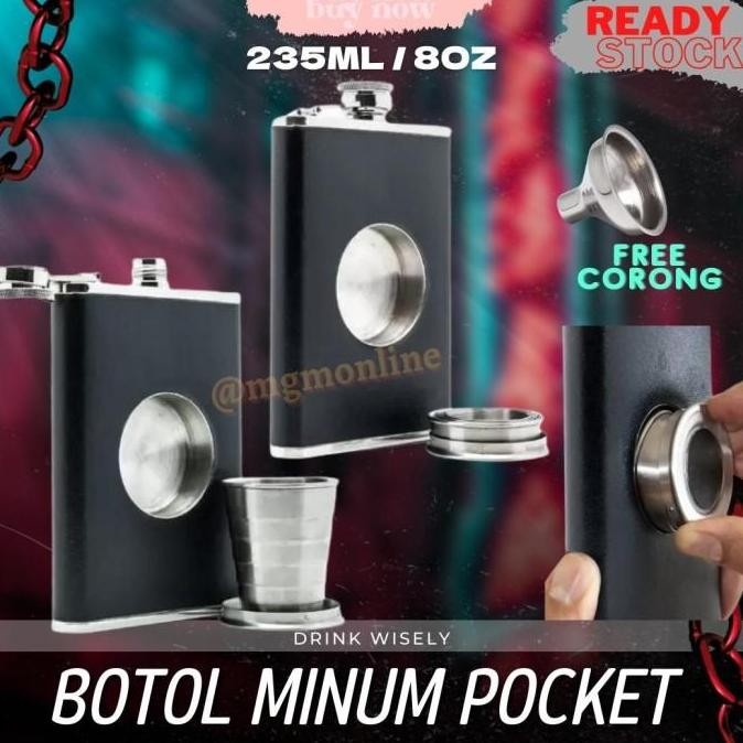 Botol pocket Stainless dengan glass 235ml Hip Flask 8oz liquor minuman