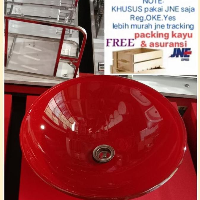 wastafel kaca tempered glass merah bulat