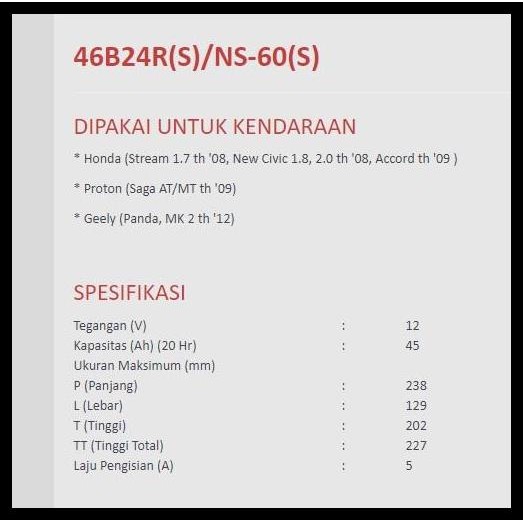 HOT DEAL AKI KERING MOBIL YUASA MAINTENANCE FREE MF 46B24RS - NS60S 12V - 45AH 