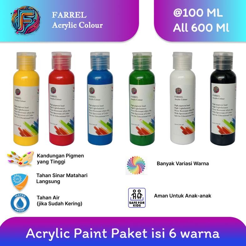 

Cat Akrilik / Lukis / Kanvas / Mural Paket 6 Warna Isi 100 ml Per Botol Farrel Acrylic Colour