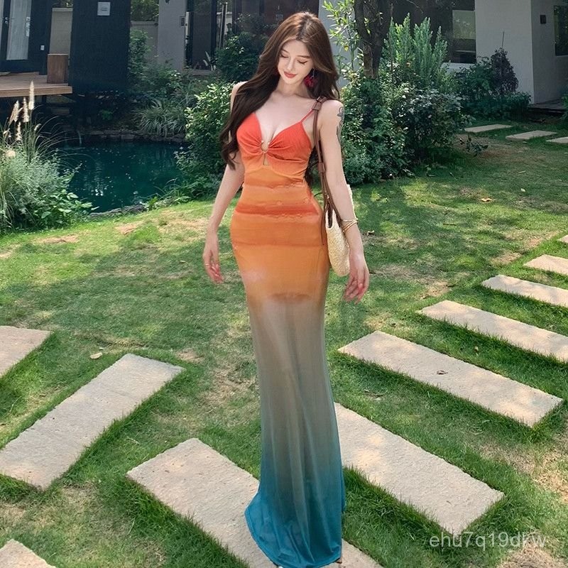 Gaun Slip Jala Seksi Gaya Thailand/Gaun Maxi Wanita Warna Gradasi Terbaru untuk Liburan