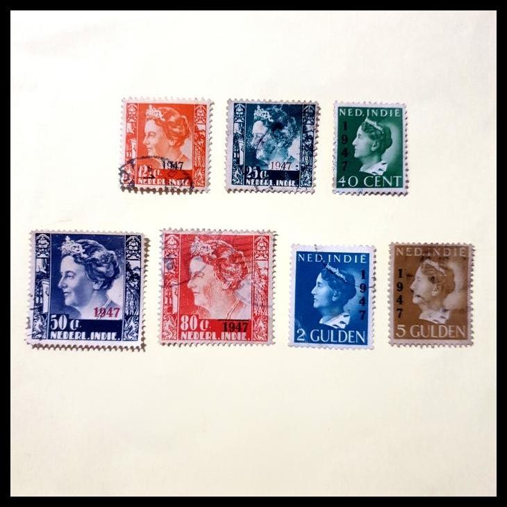 

TERMURAH PRANGKO NED INDIE 1947. N-52. RATU WILHELMINA DENGAN CETAK TINDIH 1947. SET LENGKAP (7V) USED. KAT. 400K !!!!