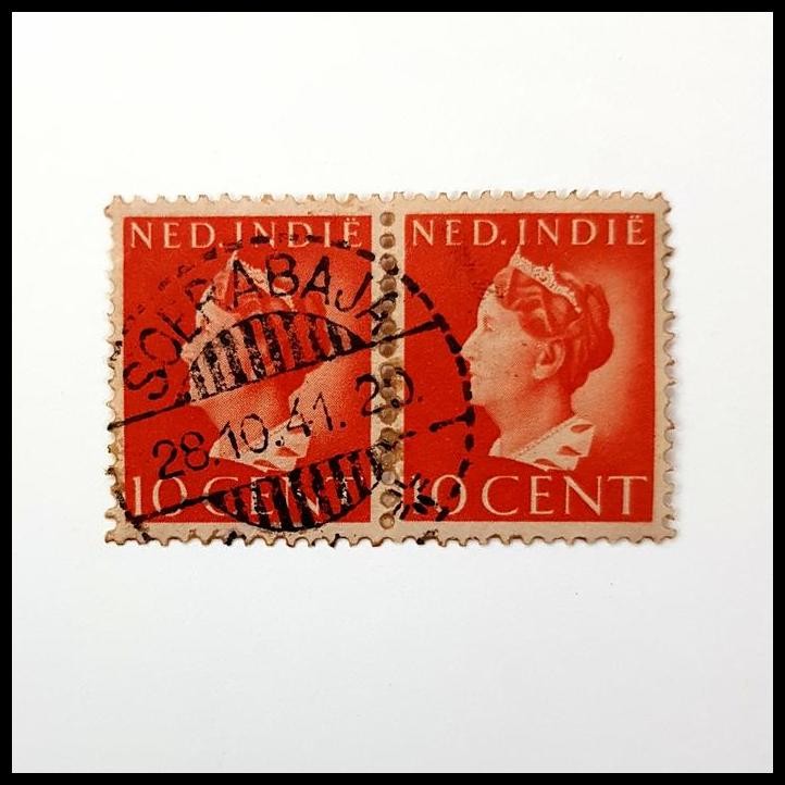 

GRATIS ONGKIR PRANGKO NED INDIE. RATU WILHELMINA 10 CENT. CAP POS SOERABAJA 28.10.41 !!