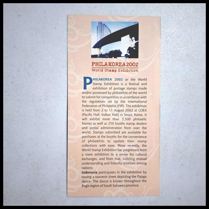 

GRATIS ONGKIR PRANGKO INDONESIA SHP SS SEOUL 02.08.2002. PHILAKOREA 2002 WORLD STAMP EXHIBITION. TARI PAJAGA, SULAWESI SELATAN. HARGA KATALOG RP 80K !!