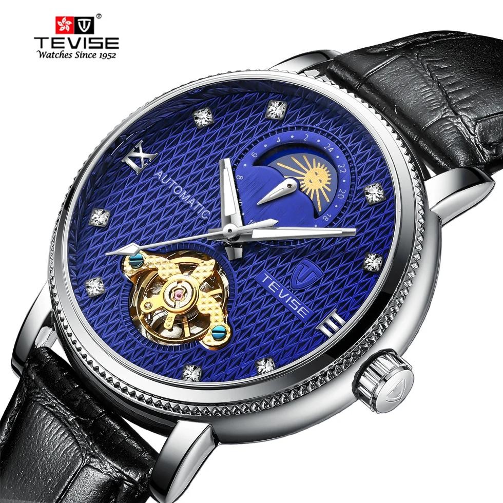 TEVISE Watch Men Automatic Mechanical Watch Tourbillon Moon Phase Leather Strap Luminous Casual Spor