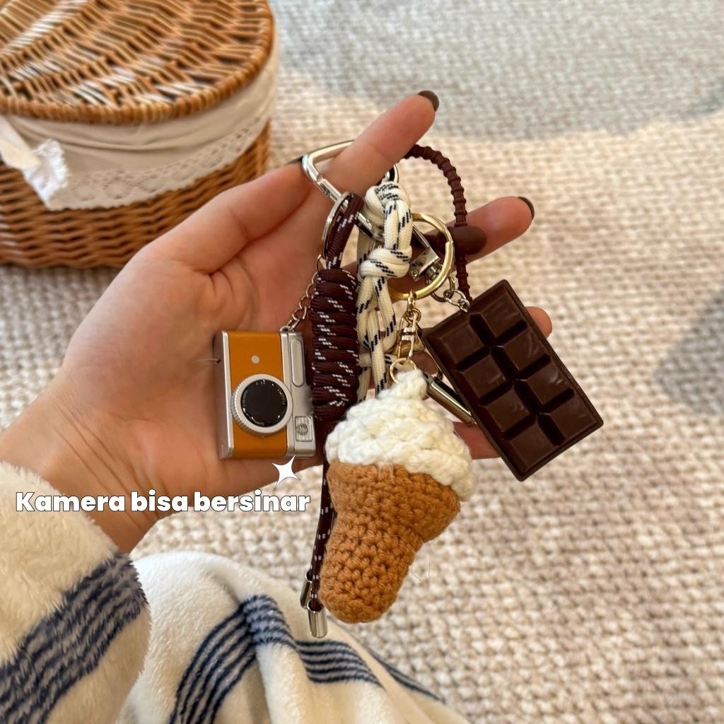 Gantungan Kunci Es Krim Coklat/Kamera Sandwich Anjing Dachshund Keychain/Liontin Anyaman/Gantungan K