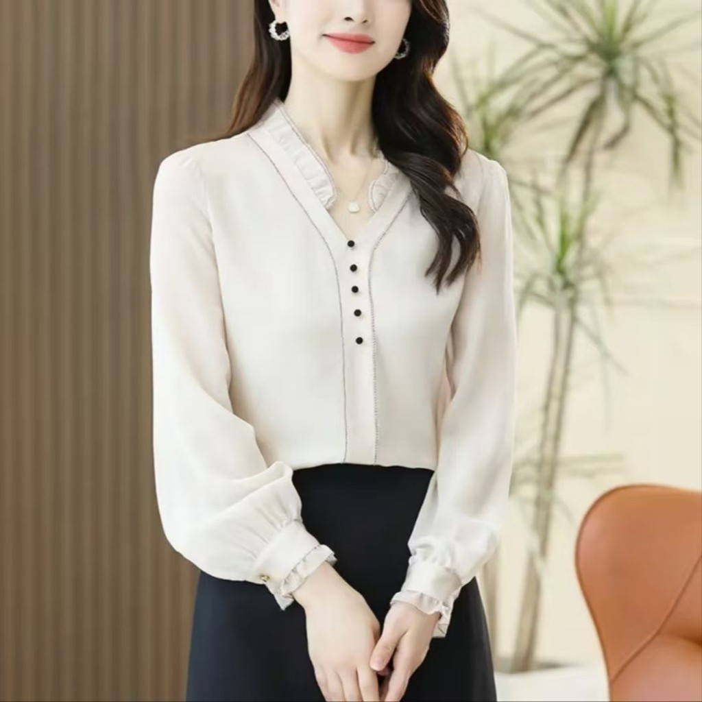 Kemeja Fashion Wanita Berkualitas Tinggi Kemeja Kerah Desainer Unik Atasan Mengurangi Usia