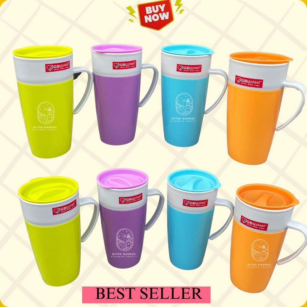 New Mug Plastik Double Layer 550 Ml Ayaka Gbu Plastik Gelas Gagang + Tutup Plastik Viral
