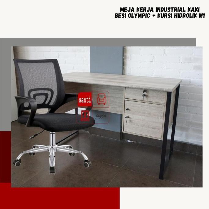 Bundling Meja Kerja Industrial Kaki Besi Olympic + Kursi Hidrolik W1